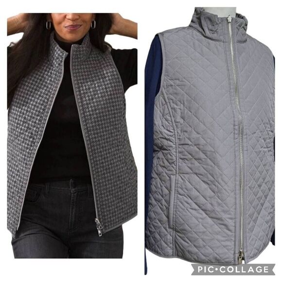 CHICO'S Reversible Gray Houndstooth Quilted Vest Jacket Side Pockets Size 12 14 - Picture 1 of 10